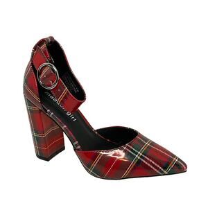 Madden Girl Women's Saxon Ankle Strap Block Heel Pumps Red Plaid Size 5 1/2